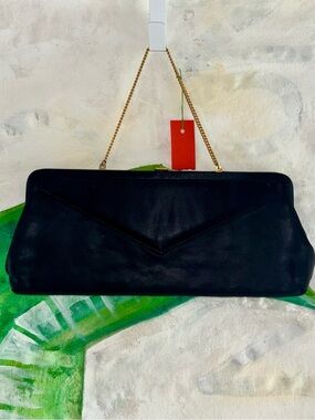 Vintage Black Satin Envelope Clutch with Gold Chain Strap